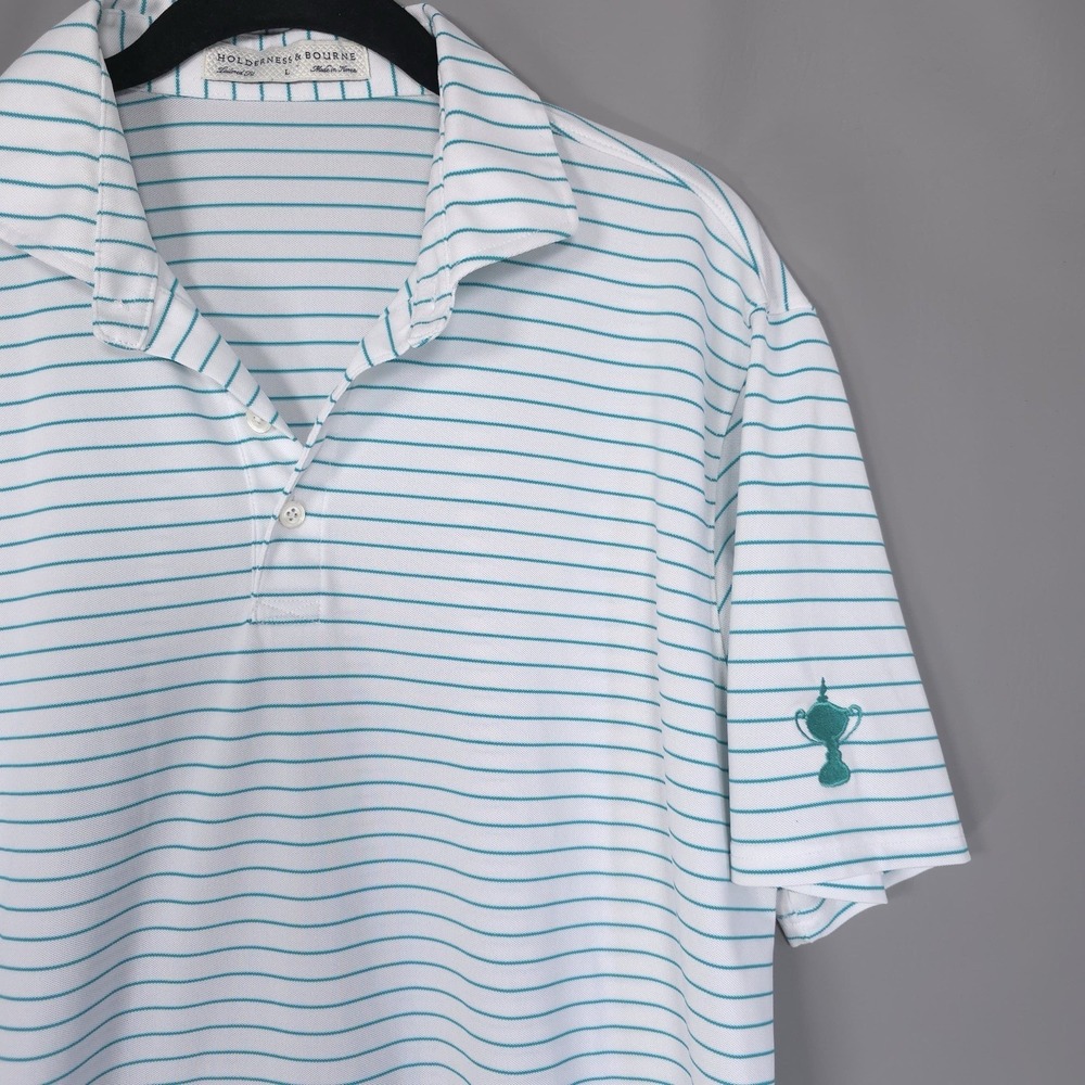 HOLDERNESS BOURNE Men's Polo Shirt LARGE Green Striped Tailored Fit Performance - Picture 2 of 9